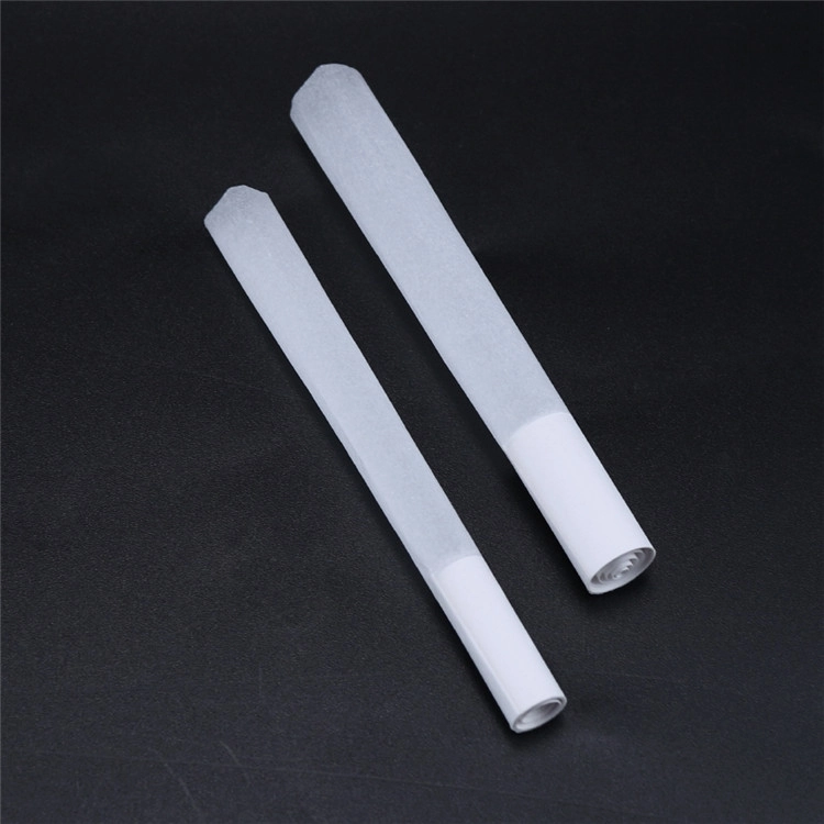 Two white pre-roll cones in different sizes with visible rolled paper tips